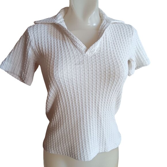 Small Vintage 80's Cream Short-Sleeve Textured Knit Collared Top Greenwalt Mom - Picture 1 of 6
